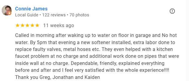 Customer review for water softener install & plumbing repairs in Mesa, AZ