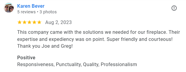 Customer review for fireplace repair in Chandler, AZ