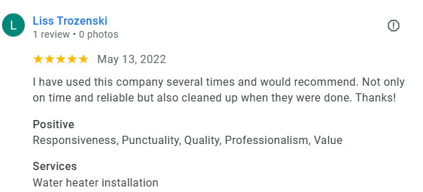 Customer review for water heater install in Maricopa, AZ
