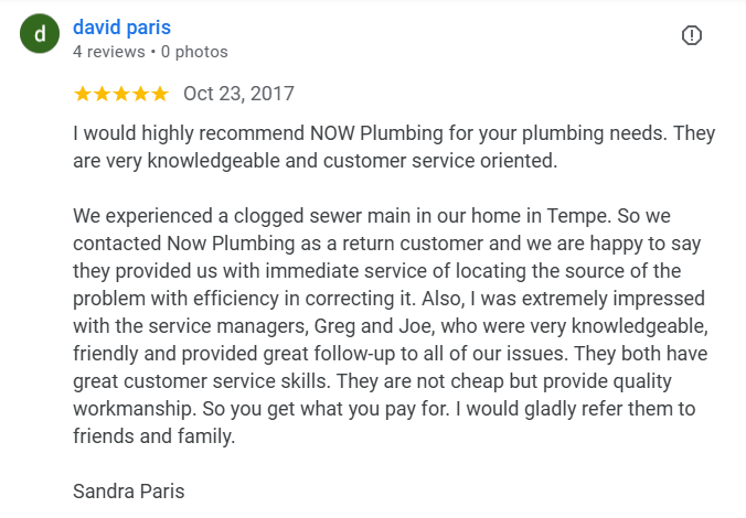 Customer review for sewer main clog diagnosis & repair in Tempe, AZ