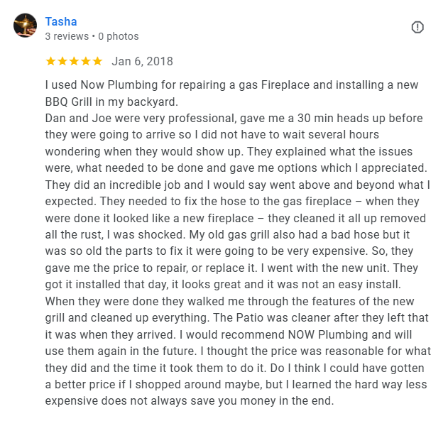 Customer review for gas fireplace repair & outdoor bbq grill installation in Phoenix, AZ