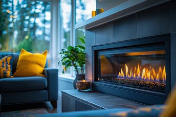 Linear gas fireplace beside a living room window