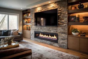 Linear gas fireplace in a stone surround below a TV
