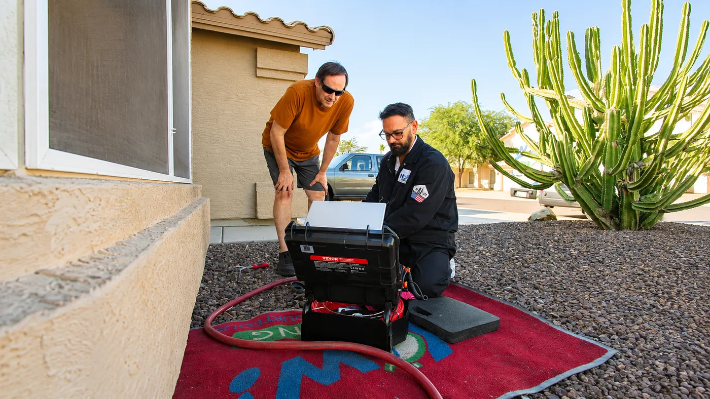 Technician showing a homeowner the sewer camera feed