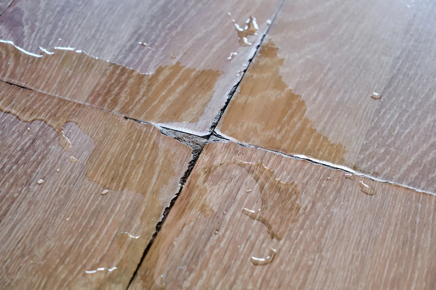 Water pooling on a wood floor above a slab leak